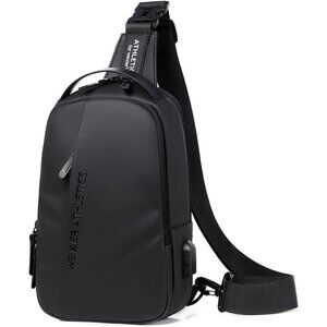 💫 Men Black Crossbody Bag Sling Waterproof USB Charging Port Headphone Backpack